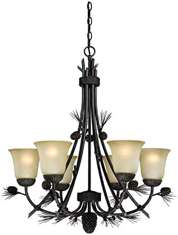 VAXCEL Sierra 6 Light Mini Bronze Chandelier, Pinecone Design, Black Walnut Finish, Frosted Scavo Glass, Rustic Indoor Lighting, Easy Installation