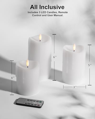Image of White Flameless Candles with Remote and Timer, Real Wax Made Wax Drip LED Pillar Candles Battery Operated with 3D Flickering Flame Melted Top - 3 inch x 4 inch,5 inch,6 inch - Set of 3