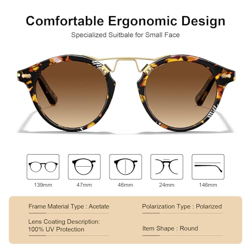 Image of CARFIA Double Bridge Small Acetate Sunglasses for Women Polarized, Retro Metal Brow Ladies Sunnies Fashion Round Eyewears