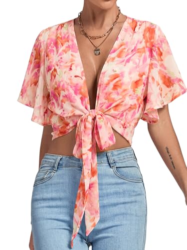 Image of LYANER Women's Sexy Deep V Neck Tie Front Wrap Cropped Blouse Bell Short Sleeve Ruffle Crop Tops