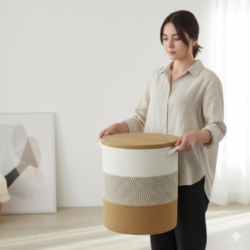 Image of Basket with Lid, 15 inch x 20 inch Woven Storage Basket for Blankets, Toys, Pillows, Towels, Living Room Bedroom Storage Bin, Round Rope Basket with Lid, Wicker Baskets for Organizing (BG1)