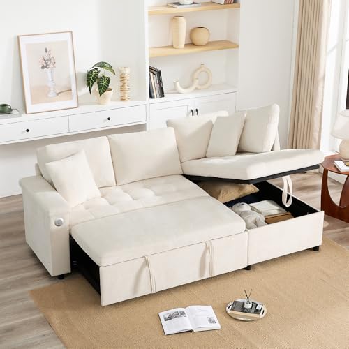 Lubvtti Sofá cama de 3 plazas moderno con función de cama, con espacio de almacenamiento, cargador USB, reposabrazos portaobjetos y 2 cojines, sofá de esquina en L, sofá de 3 plazas, chenilla (C-Beige