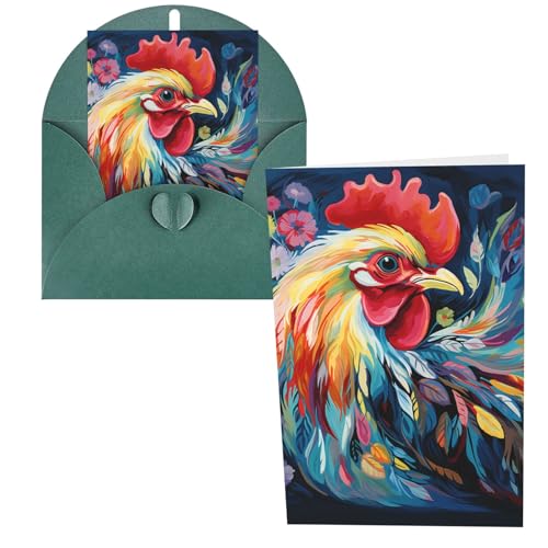 QMNSEHF アート カラフル チキン グリーティングカード 封筒付き Thank YouCard Happy Birthdayカード レディース メンズ クリスマス ハロウィン ウェディング ブランク ノート カード あらゆる機会 グリーティングカード