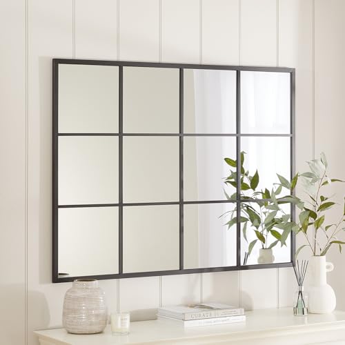 Industrial Large Rectangular Window Wall Mirror | 120cm x 90cm | Black Metal Frame | Vertical or Horizontal Mountable | Mirrored Safety Glass | Modern Design | Hallway, Bedroom, Living, Dining Room