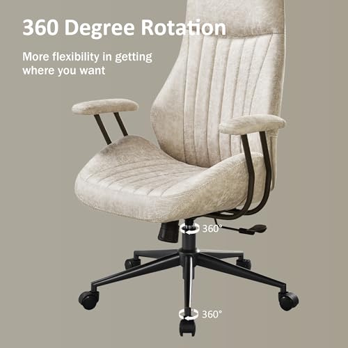 Image of High Back Home Office Chair, Mid Century Vintage Executive Chair,Comfy Ergonomic Rolling Office Task Chair with Lumbar Support, Faux Leather Office Chair,Beige