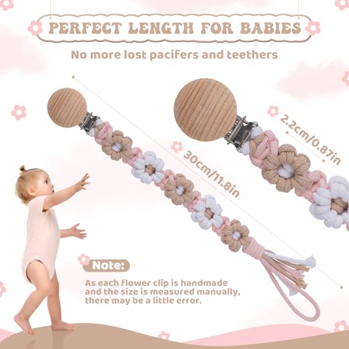 Image of Pacifier Clip for Boys Girls Floral Daisy Macrame Baby Paci Clip Pacifier Holder Leash Boho Wooden Clips Handmade Braided Cotton Binky Clips (1pack:Khaki Style B)