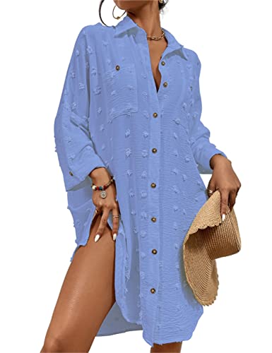 Image of Bsubsach Button Down Swimsuit for Women Sweatshirt Dress with Ruffled Sleeves Beach Shirt
