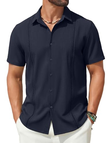 COOFANDY Men's Guayabera Shirts Cuban Camp Short Sleeve Button-Down Cotton Casual Shirt Beach Tops A-Navy Blue