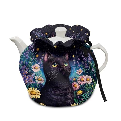 Image of Xoenoiee Black Cat Whimsical Night Garden Print Tea Cozy Tea Pot Cover Insulation Tea Cosy Teapot Dust Cover Teapot Warmer for Home Kitchen Teapot Covers