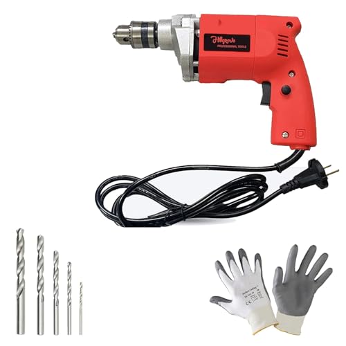 Image of Hillgrove HGCM1110M1 500W Power Drill Machine with Gloves, 5Pcs HSS Drill Bits for Making Holes in Metal /Wood /Concrete Pistol Grip Drill (10 mm Chuck Size)