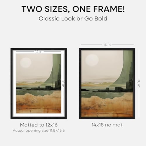 Image of Homeforia 14x18 Picture Frame Black Wood, High End Oak 14x18 Poster Frames with Mat 12x16 Photo, 14 x 18 Wooden Frame Matted to 12 by 16 Print, 18x14 Hanging Frames, Tempered Glass, Wall Kit, Set of 1
