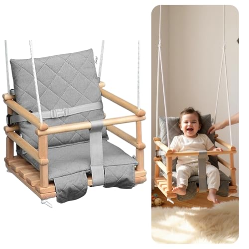 Holz Babyschaukel, Kinderschaukel, Schaukel für Kinder Schaukel 3 in 1 + SICHERHEITSGURT, Kleinkindschaukel, Baby schaukel und Schaukelsitz, Kinder Holz Indoor Outdoor (Hellgrau Neu)