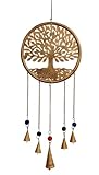 Mie Creations Metal Tree Cutout, Tree of Life Wall Art Décor | Sacred Tree of Life Wind Chimes for Outside & Indoor Décor with Antique Jingle Bells | Rustic Wall Hanging -Antique Golden 25''