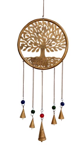 Mie Creations Metal Tree Cutout, Tree of Life Wall Art Décor | Sacred Tree of Life Wind Chimes for Outside & Indoor Décor with Antique Jingle Bells | Rustic Wall Hanging -Antique Golden 25''