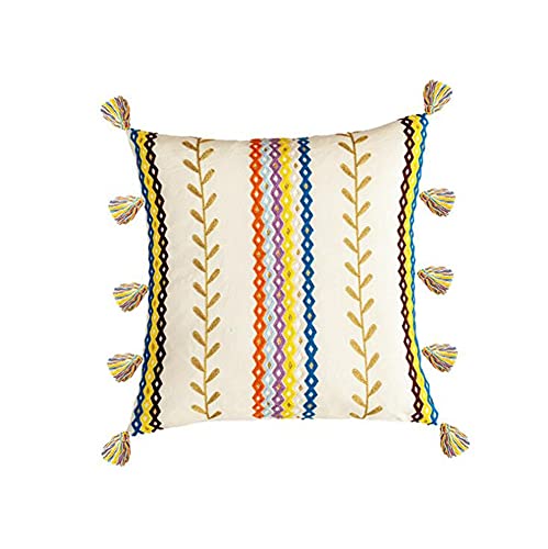 Judy Dre Am Home Thanksgiving Dec Morocco Boho Hand Embroidered Tassel Pillow Case Throw Pillow Cover Color Tufted Rectangle/Square Sofa/Bed Cushion Cover Cotton Line Pillowcase (Golden, 18X18 Inch) #TOP16