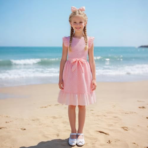 Girl Summer Dress Polka Dot Casual A-line Flutter Ruffle Sleeve Double Layer Flowy Dress 5-13 Years2