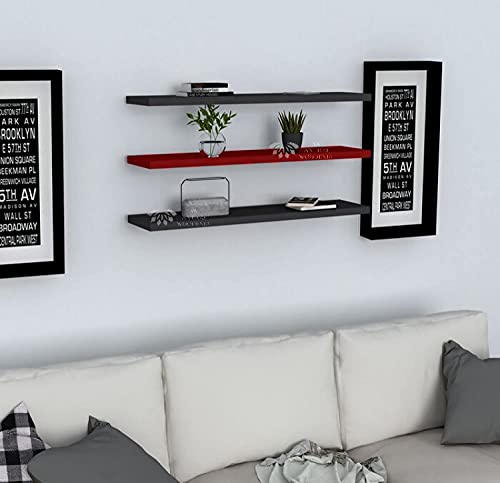 Image of Wooden Floating Wall Shelf| Wall Mount| Wall Rack| Wall Bracket for Home and Office Decor | Big Mounted Cabinets (Large, Set of 3, Black and Red)