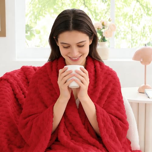 Image of BEDELITE Red Throw Blanket for Couch, Soft Cozy Gifts for Women, 50 * 60 | 3D Jacquard Decorative Fleece Blanket, Super Soft Plush Throws, Cute Birthday Gift for Women & Men, Suitable for All Seasons
