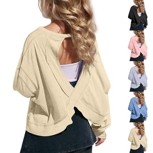 Girls Backless Top Open Back Workout Top Long Sleeve Oversized Blouse Volleyball Athletic Tees Loose Thin Crop T-Shirt4