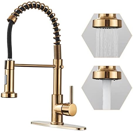 DanPiang Gold Kitchen Faucet,Commercial Stainless Steel Single Handle Pull Down Kitchen Sink Faucet with Deck Plate,Brushed Gold