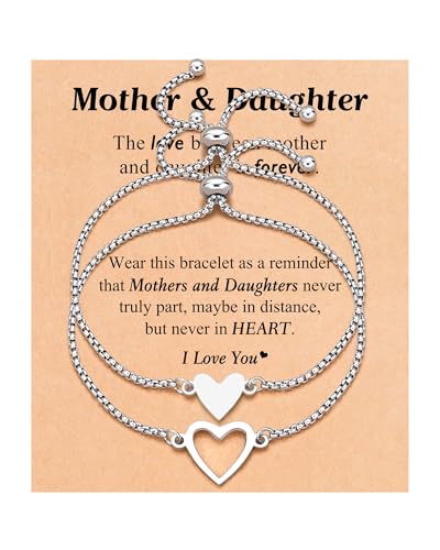 Mother Daughter Heart Bracelets, Mommy and Me Adjustable Jewelry Birthday Valentines Day Christmas Gifts for Mom and Daughter