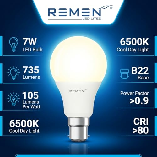Image of REMEN 7W LED Bulb B22 Base Pack of 6 | 6500K Cool Day Light | 735 Lumens | BIS Certified & BEE 2 Star | 105 lm /W High Efficiency | LED Bulb for Home, Bedroom, Kitchen & Office