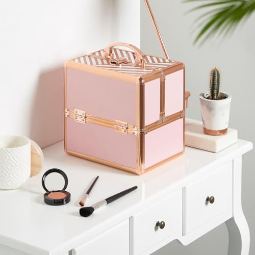 Image of ADSON Nylon Professional Makeup Box Cosmetics Case Jewelry Organiser Vanity Make Up Storage Box Beauty Train Case Lockable with Keys (Striped Rose Gold)