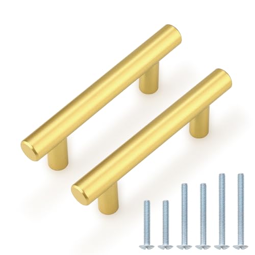 Image of Probrico 5 Pack 2-1 /2 inch Center-to-Center Kitchen Cabinet Pulls T Bar Gold Cabinet Handles Modern Drawer Hardware Dresser Pulls, 4 inch Total Length