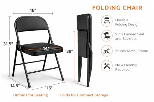 Image of MLU Set of 2 Folding Chairs with Padded Seat & Backrest, Heavy-Duty Steel Frame, Portable & Compact Foldable Chairs, Waterproof Vinyl Cushion, No Assembly Required, Black