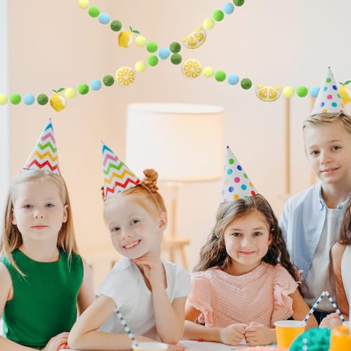 Image of JarThenaAMCS Summer Felt Banner 3D Yellow Green Blue Lemon Pom Ball Garland No DIY Required Bunting for Party Supplies Hanging Decoration