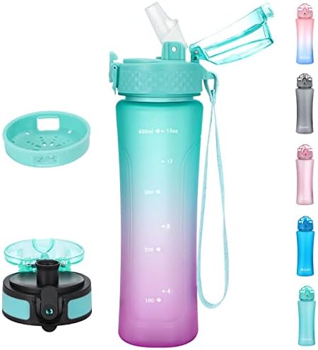 OLDLEY 450ml/15oz Kids Water Bottle with Straw Childrens Boys Girls Toddler Reusable Drink Bottles with Times Markings for School Home Camping Outdoor Sports BPA Free Leakproof Durable