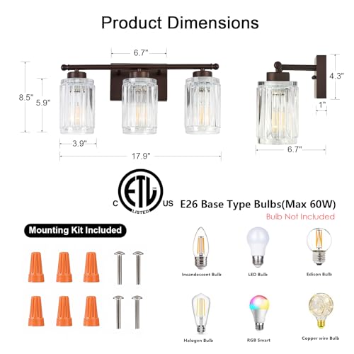 Image of 3 Light Bathroom Light Fixtures Modern ORB 18 Inch Vanity Lights for Bathroom Lighting Fixtures Over Mirror with Thickened Glass Shade for Cabinet Mirror Bedroom Hallway