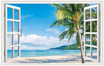 Beach Seascape Fake Windows Wall Stickers Removable Faux Windows Wall Decal Landscape Wall Decor for Livingroom Bedroom