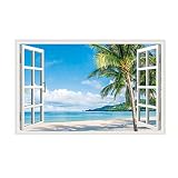 Beach Seascape Fake Windows Wall Stickers Removable Faux Windows Wall Decal Landscape Wall Decor for