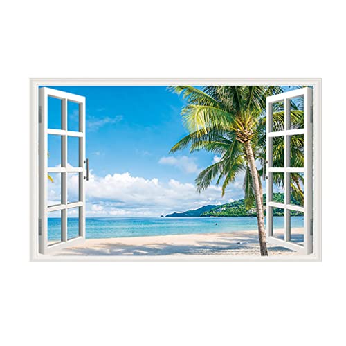 Beach Seascape Fake Windows Wall Stickers Removable Faux Windows Wall Decal Landscape Wall Decor For Livingroom Bedroom #TOP1