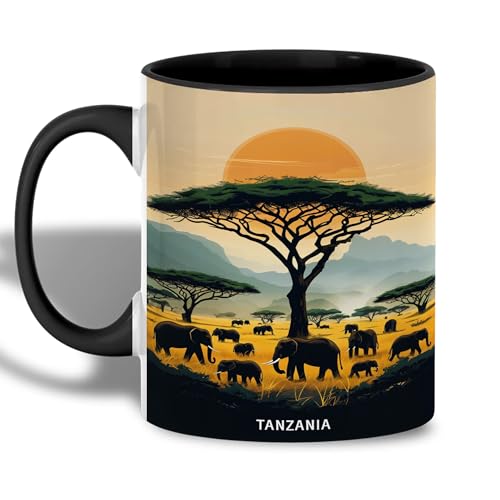 Taza de cerámica negra 11 oz con diseño safari africano miniatura 1