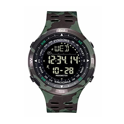 PINDOWS Digital Herren Uhren, 5 ATM wasserdichte Armbanduhr, MilitäR Tactical Elektronische Uhren, Led Hintergrundbeleuchtung GroßEs Zifferblatt Chronograph,Green Camouflage Cover