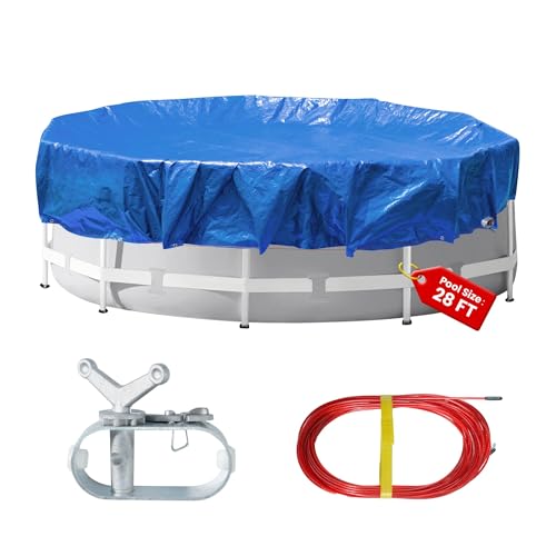 32 Ft Round Heavy Duty Winter Pool Cover,for 28ft Above Ground Pool,Cold and UV Resistant, Weatherproof and Durable, Winch & Cable Included (Blue/Black,Cover Diameter 32')