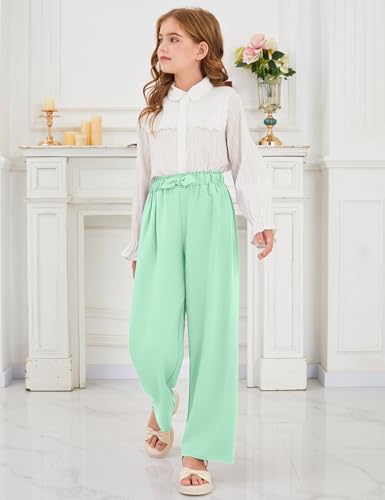 Image of Girls Wide Leg Palazzo Pant Loose Straight Cute Bow Waist Spring Summer Lightweight Dress Pant for Kids 5-14Y