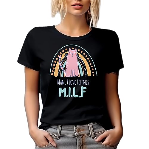 Milf Man I Love Felines with Cute Cat & Boho Rainbow Graphic Tshirt - Black T-Shirt, Large