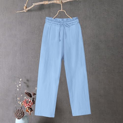 Womens Straight Wide Leg Linen Pants Summer Casual Elastic Waist Palazzo Pant Drawstring Beach Trousers with Pockets2