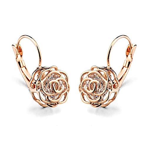 Blooming CZ Filigree 3D Rose Flower Crystal Leverback Dangle Drop Earrings for Women Sensitive Ear Sweet Dangling for Lovers Wedding Elegant Diamond Jewelry Gifts Hypoallergenic Her Girlfriend Valentines Day