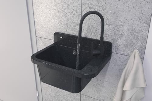 Granitan Ausgussbecken für Garage Keller Werkstatt und Waschküche - Universal Waschtrog mit Siphon - Waschbecken Wandmontage - 50x34x31 cm (Schwarz + Waschtischarmatur FLEX)
