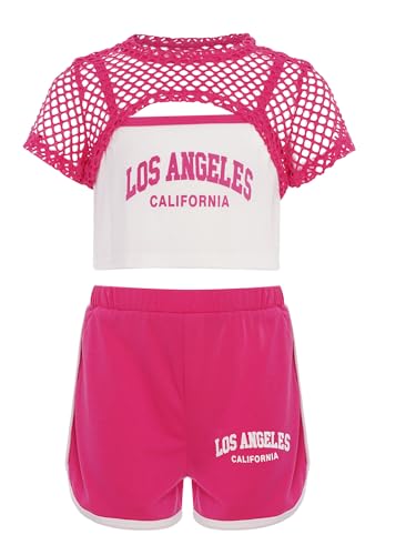 Kids Girls 3 Piece Summer Outfits Cami Tank Top See Through Mesh Fishnet Shirt with Gym Shorts Set Tracksuit Hot Pink 9-10 Years