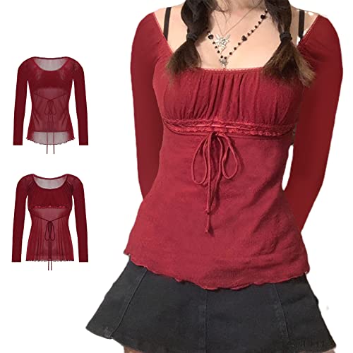Image of Fairy Grunge Shirts for Women Y2K Tops Long Sleeve Lace Patchwork Tees Teen Girls Vintage Slim Blouse Fall Clothes