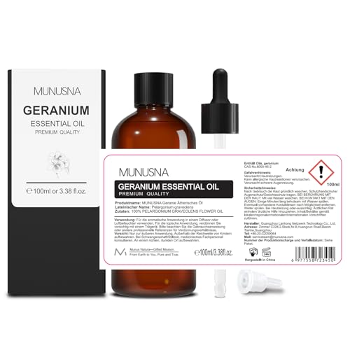 Ätherisches Öl Geranienöl 100ML, MUNUSNA Ätherische Öle Geranie für Diffuser Rein Naturrein, Geraniumöl für Hautpflege, Raumdüfte, Duftöl für DIY Seife, Kerzen, Massage, Geranium Oil
