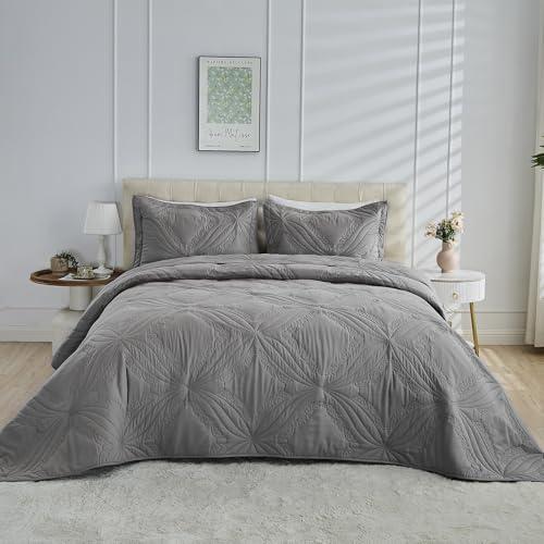 Image of Kingnex Oversized King Bedspreads 128x120 for Tall King or Cal King Bed Ultrasonic Quilted Coverlet Set 3 Piece Include 1 Extra Wide Quilt 2 Pillowcases Dark Grey