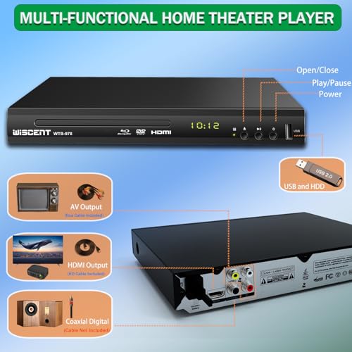 Image of Blu Ray DVD Player, WISCENT Full HD 1080p Home Theater Disc System, Region A /1 Blu-Rays,HD Blu-Ray DVD Player for TV with Coaxial Audio /HDMI /AV /Output, USB Input, Built-in PAL NTSC