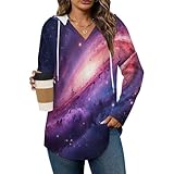 Womens Bodysuit Pullover Shirts Tops Long Sleeve Hoodie Universe Outer Space Blue and Purple Starry Sky Night Pattern Tshirt, S-3XL