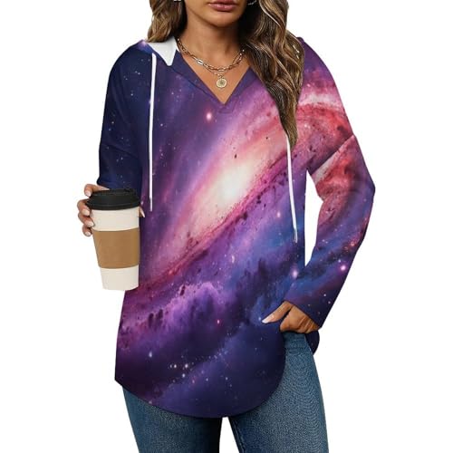 Womens Bodysuit Pullover Shirts Tops Long Sleeve Hoodie Universe Outer Space Blue and Purple Starry Sky Night Pattern Tshirt, S-3XL